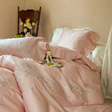 4Pcs Pink Rose Flowers Embroidery Ruffles 1000TC Egyptian Cotton Bedding Set Duvet Cover Set Bed Sheet/Fitted Sheet Pillowcases