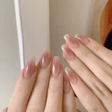 24Pcs Nude Pink Nail Tips Short Round Head False Nails with Design Wearable Finished Fake Nails Full Cover Press on Nails