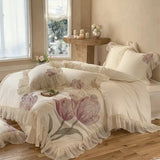 1200TC Egyptian Cotton Flowers Embroidery Lace Ruffles Princess Bedding Set Duvet Cover Flat/Fitted Bed Sheet Pillowcases 4Pcs