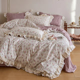 Double Layer Lace Ruffles 100% Cotton Princess Style Bedding Set Single Queen King Size Floral Duvet Cover Bed Sheet Pillowcases