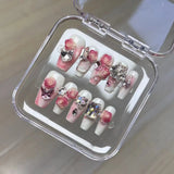 10pcs White Grey False Nail Tips Y2k Style Handmade Press On Nails With Metal Butterfly Flower Diamond Designs Glossy Fake Nails