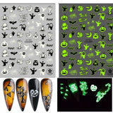 3D Luminous Nail Stickers Decals Black White Spider Web Skull Alien Planet Glow In The Dark Halloween Manicure Foils Tattoo Tips