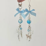 Blue Bow Knot Butterfly Beaded Charm Phone Pendant Crystal Wristband Keychain Bracelet Lanyard Cord