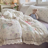 Korean Style Girly Heart Floral Double Layer Gauze Four-Piece Set Princess Style Lace Trim Quilt Cover Bed Sheet Dormitory