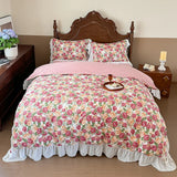French Pastoral Style Rose Flowers Print Lace Bedding Set Single Queen King Size 100% Cotton Duvet Cover Bed Sheet Pillowcases
