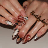 24Pcs Zebra Stripe Press on Nails Dark Brown with Gold Beads Fake Nails Almond Shape Nail Art French Style False Nails for Fall