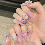 Handmade Press On Nails Full Glitter False Nails 3D Butterfly Rose Flower Decor Charming Purple Gradient Fake Nails Long Almond