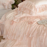 Pink Egyptian Cotton Princess Wedding Bedding Set Luxury Lace Ruffle Flowers Duvet Cover Sets Bed Sheet Pillowcases Home Textile