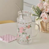 French Style Glass Suction Tube Cup Elegant Pink Rose Large Capacity Juice Drink Cup Girl Outdoor Office Cold Summer Drinks Cup