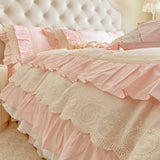 Pink Korean Princess Wedding 100% Cotton Bedding Set Four Layers Lace Ruffles Duvet Cover Bed Skirt Bedspread Pillowcases 4Pcs