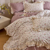 Double Layer Lace Ruffles 100% Cotton Princess Style Bedding Set Single Queen King Size Floral Duvet Cover Bed Sheet Pillowcases