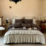 Vintage Double Layer Bow Princess Bedding Set 20% Linen And 80% Cotton Duvet Cover Set Flat/Fitted Bed Sheet Pillowcases 4Pcs