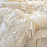 White Pink Princess Wedding Bedding Set 100% Cotton Double Layer Lace Ruffles Duvet Cover Flat/Fitted Bed Sheet Pillowcases 4Pcs