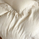 Vintage French Flowers Lace Ruffles Natural Cotton Linen Jacquard Bedding Set Duvet Cover Flat/Fitted Bed Sheet Pillowcases 4Pcs