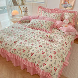 Pink Korean Princess Bedding Set No Filling Cute Strawberry Duvet Cover Checkerboard Single Queen Size Bed Linen Pillowcases