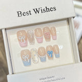 10Pcs Purple Cat Eye Coffin Press on Nails Silver French Fake Nails Plaid Polka Dot Nail 3D Bowknot Star Rhinestone False Nails