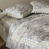 Natural Cotton Linen Butterfly Flowers Prints Lace Bedding Set Queen King Size Duvet Cover Flat/Fitted Sheet Pillowcases 4Pcs