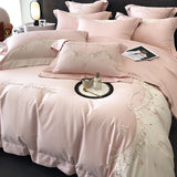 1000TC Egyptian Cotton Flowers Embroidery Luxury Pink Bedding Set Duvet Cover Flat/Fitted Bed Sheet Pillowcases 4Pcs