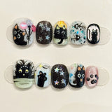 10pcs Handmade False Nails Art Wearable Cartoon Cute Cat Pattern Short Square Press on Nails Tips Bow Design Black Fake Nail Set