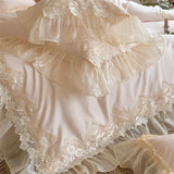 100S Egyptian Cotton Princess Wedding Bedding Set Lace Floral Embroidery Chiffon Ruffle Duvet Cover Bed Sheet Pillowcases 4Pcs