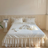 4Pcs Lace Ruffles Bow Wedding Bedding Set Pure Cotton Duvet Cover Set Double Layer Lace Quilted Bedspread Bed Sheet Pillowcases