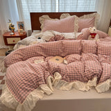 Korean Style Princess Lace Ruffles 100% Cotton Bedding Set Plaid Style Duvet Cover Set Bed Sheet Pillowcases 4Pcs