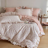 Double Layer Lace Ruffles 100% Cotton Princess Style Bedding Set Single Queen King Size Floral Duvet Cover Bed Sheet Pillowcases