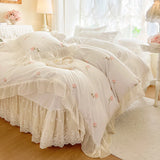 Rose Embroidery Lace Ruffles Princess Wedding Bedding Set 100% Cotton Duvet Cover Lace Edge Bed Sheet Bed Skirt Pillowcases 4Pcs