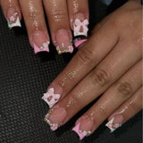 24Pcs White Fake Nails Press on Nails French Pink Bow Design Gentle Flower Acrylic False Nail with Jelly Glue Wearable Manicure