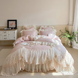 4Pcs Romantic Double Layer Lace Princess Wedding Bedding Set 100% Cotton Duvet Cover Bed Sheet Or Quilted Bedspread Pillowcases