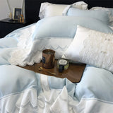 4Pcs Pink Princess Lace Edge Lyocell Eucalyptus Fiber Soft Silky Bedding Set Duvet Cover Set Bed Sheet/Fitted Sheet Pillowcases