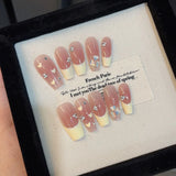 Cute French Handmade Press on Nails Glitter Red Powder Blusher Sweet Coffin Fake Nail Full Cover Heart Diamond Design Nails Tips