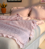 Princess Style Pink Quilted Ruffles Quilt Blanket Bedspread Washed Solid Color Korean Princess Style Summer Thin Quilt 3Pc