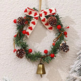Christmas Bells Ornaments Wreath, Rustic Round Artificial Xmas Wreath with Pine Needles, Pine Cone Bowknot & Bell Pendant