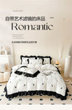 Rose Flowers Embroidery Ruffle Lace Bedding Set Washed Cotton Duvet Cover Set Skin Friendly Bed Sheet Pillowcases Princess Style
