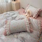 100% Cotton Duvet Cover Set Pink Floral Lace Ruffle Bow Bedding Set Romantic Princess Style Bed Sheet Pillowcase Home Textiles