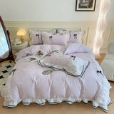 Korean Princess White Bedding Set For Women Double Ruffle Lace Duvet Cover Full Queen Solid Color Comfortable Falt Bed Sheet Set