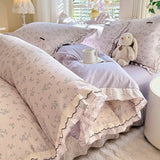 Korean Princess Style Floral Prints Ruffles Bedding Set Double Layer Yarn 100% Cotton Duvet Cover Pillowcases Bed Sheet 4Pcs
