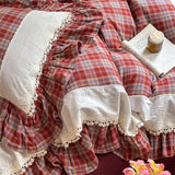 Vintage Lace Ruffles Plaid Print Princess Bedding Set 100% Cotton Double Yarn Duvet Cover Flat/Fitted Bed Sheet Pillowcases 4Pcs