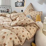 Bedding Set Double Layered Yarn INS Girls Mushroom Soft Washed Cotton Bed Sheet Queen King Size Duvet Set Pillowcase Bed Sheet