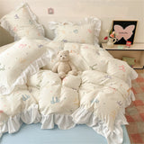 French Princess Lace Ruffles Bedding Set Washed Cotton Skin-friendly Duvet Cover Set with Sheet Soft Printed Flowers Quilt Cover