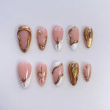 10pcs XS-S-M Size Luxury French Almond Press On Nails Metallic Gold Star Heart Wave Lines False Nails Reusable Acrylic Nail Tips