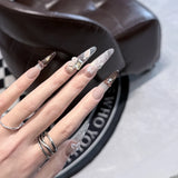 10pcs French Bowknot Fake Nails Glitter Diamond Stick on Nails Long Stiletto False Nails Mini Flowers Nail Tip Cat Eye Nail Art