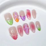 10Pcs Shiny Handmade Press On Nails Full Cover French Almond Summer Sweet Cool Girls False Nails Wearable Manicure Nail Tip Art