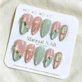 10pcs Pink Green Cat Eye Almomd Press On Nails 3D Gold Bow Bead Mini Flower Gradient False Nail Tips Full Cover Nail Extensions