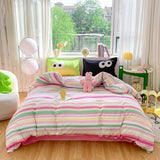 4pcs Simple Color Stripes Duvet Cover Set Cute Green Pink Bedding Big Eye Pattern Pillowcases Comforter Cover with 1 Bed Sheet