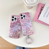 Iridescent Pink Holographic Leopard Print with Wrist Chain Trendy Phone Case for iPhone 16 15 14 13 Pro Max Back Cover Capa