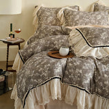 Vintage French Lace Ruffles Bedding Set Pure Cotton Wrinkled Yarn Soft Duvet Cover Set Flat/Fitted Bed Sheet Pillowcases 4Pcs