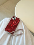 Ripple Texture Red Leo Prints Telephone Line Wrist Chain Case for iPhone 15 14 13 Pro Max Back Phone Cover for 12 Pro Capa