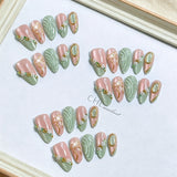 10pcs Pink Green Cat Eye Almomd Press On Nails 3D Gold Bow Bead Mini Flower Gradient False Nail Tips Full Cover Nail Extensions